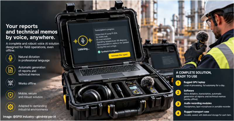 Configuration réelle SPIX AI: valise de transport sécurisée, équipement robust nécessaire à la captation de la voix en opération